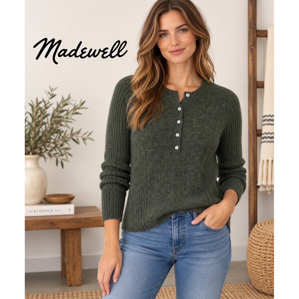 Madewell Womens Green Alpaca Blend Henley Ribbed Sleeve Sweater Size Medium